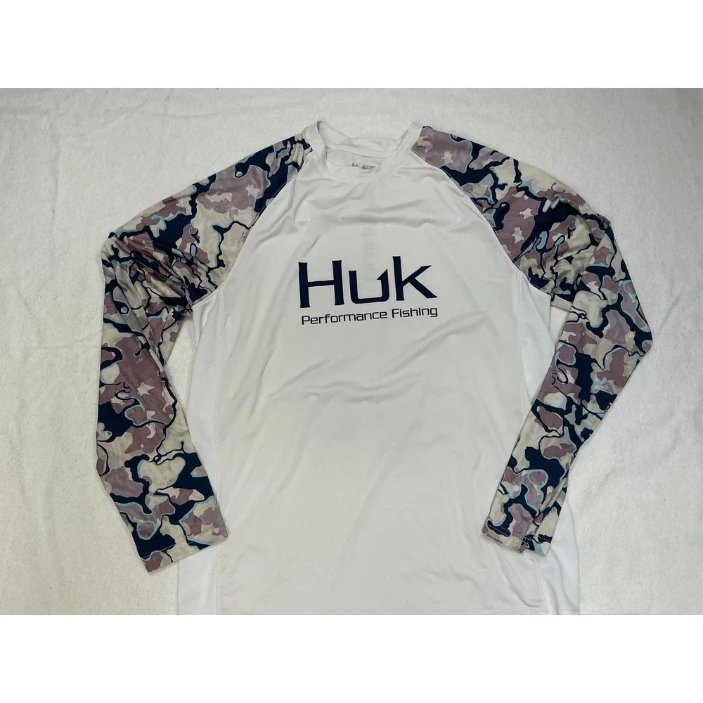 Huk‎ Performance Fishing Long Sleeve Rash Guard Shirt Men's Size M White Camo
